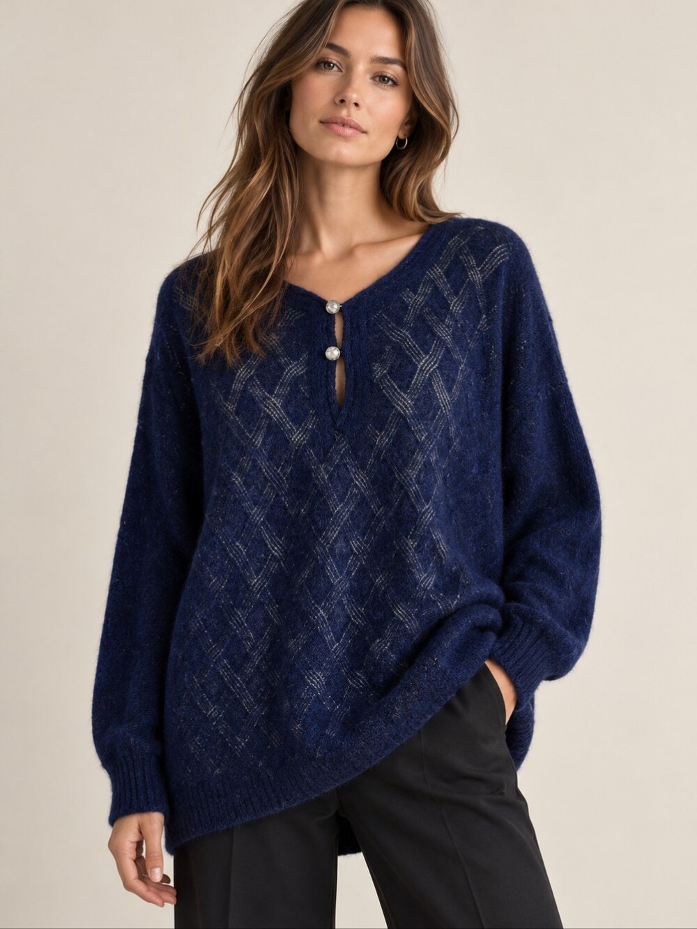 COOGI Australia Haute Couture Navy Oversized Pointelle Alpaca Wool Sweater M